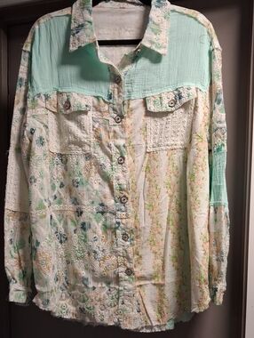 POL Patchwork Shirt Jacket in Mint, Cream & Light Green